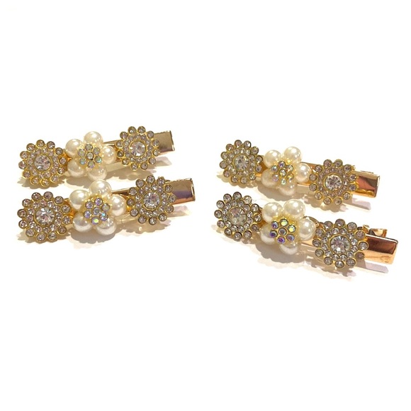 Set Of 4 Rhinestone Hair Clips Barrettes Gold Tone Updos Pearl Flo… - Picture 4 of 6